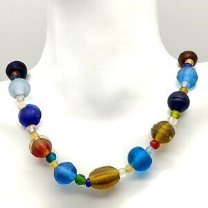 Artisan Vintage Frosted Glass Bead Necklace Multicolored Bohemian Art Glass